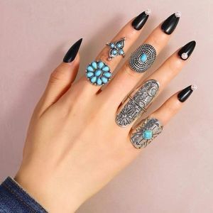 Set of 5 Turquoise Antique Silver Western Bohemian Hippie Style Rings